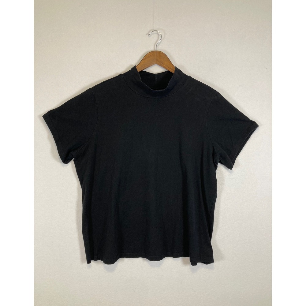 Denim & Co Essentials Mock Neck Top Womens 1X Black Short Sleeve Stretch Tee - Picture 1 of 9